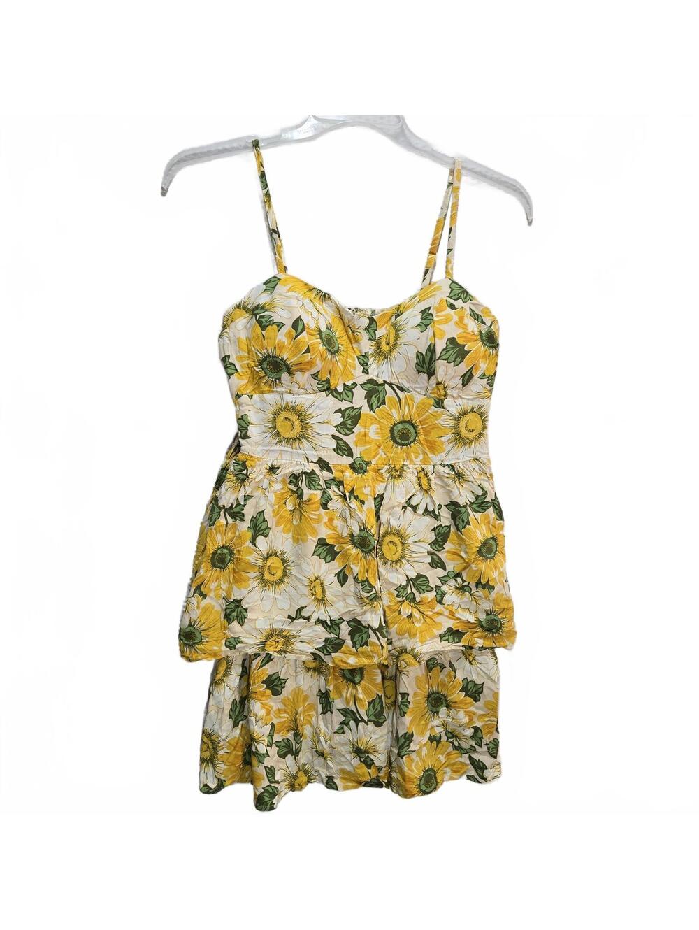 A.U.W. Sunflower Tiered Mini Dress Large Yellow Boho Cottagecore Sun Dress L - Picture 3 of 8